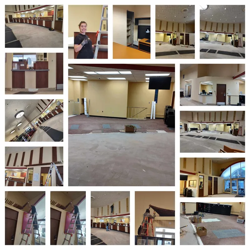 Commercial building cleanout — crew removing office fixtures and cabinetry